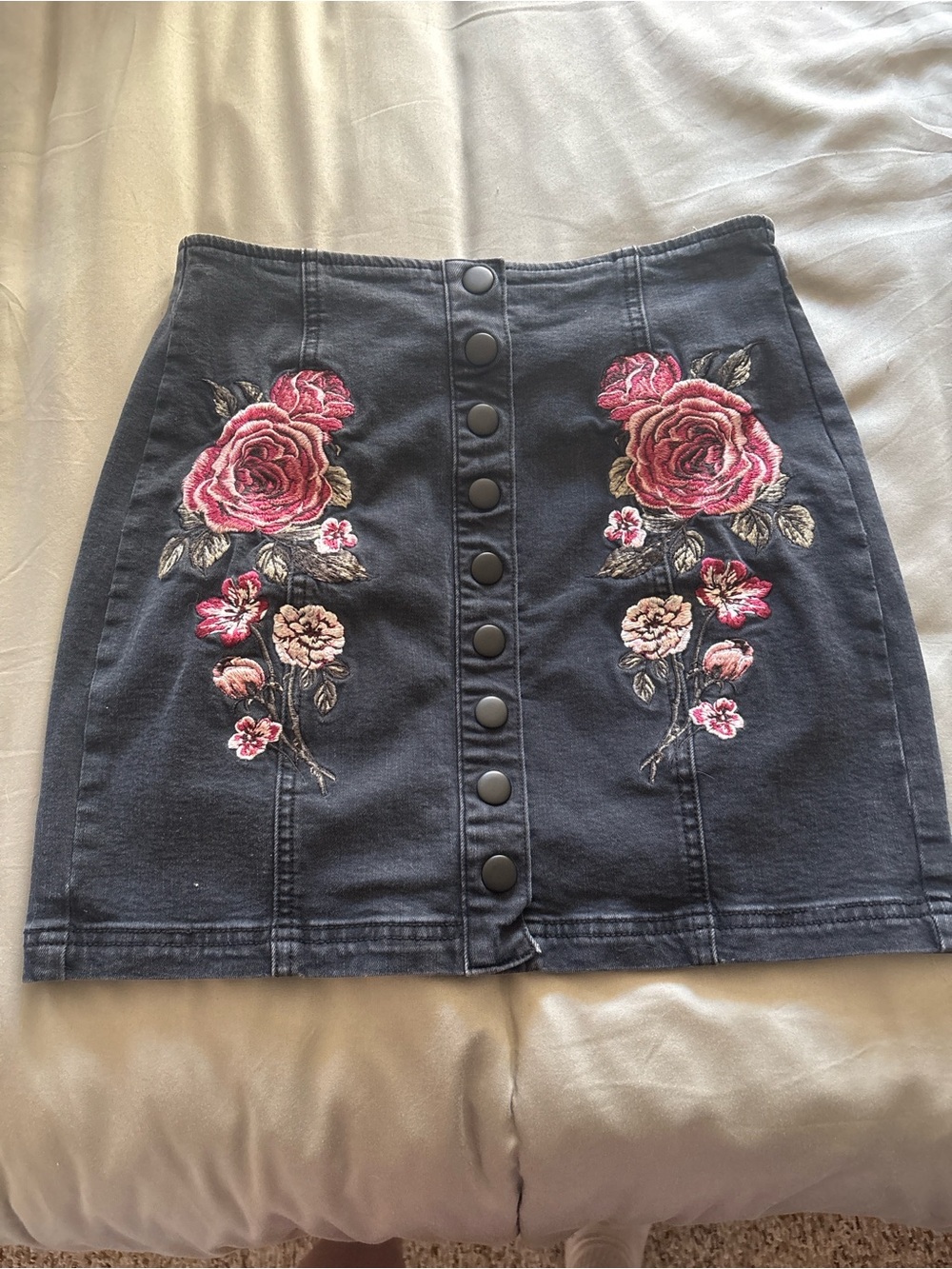 Kendall & Kylie Black Denim Mini Skirt with Pink Rose Embroidery